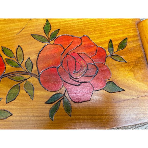 Vintage Wood Bread Serving Tray Carved Red Roses - Picture 8 of 13